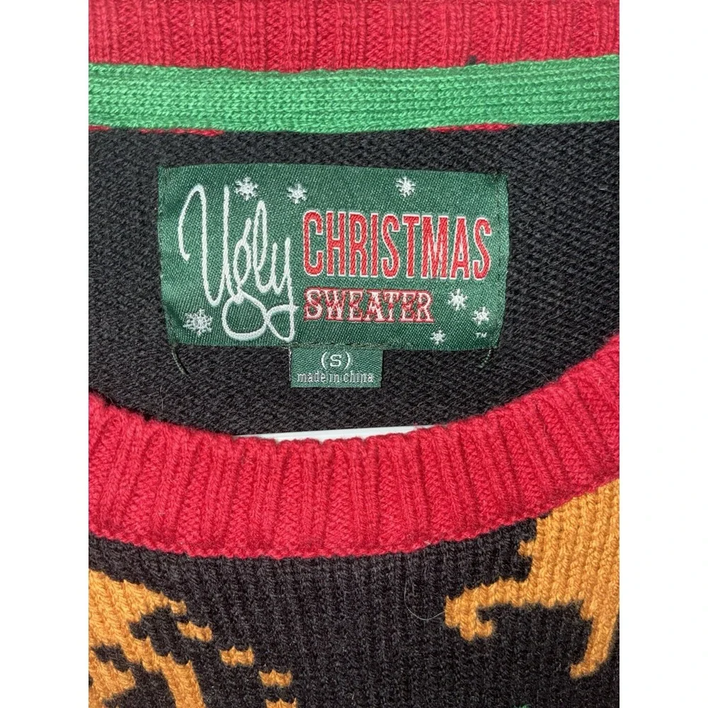 Ugly Christmas Sweater‎ Santa Reindeer Fair Isle Black Red Knit Unisex Small